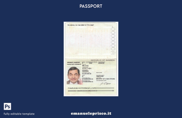 modello di passaporto Namibia in stile verificato